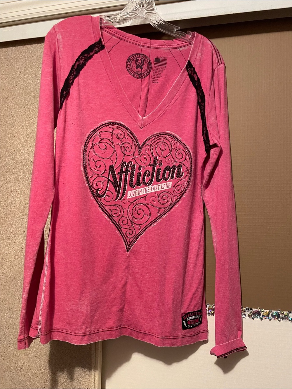 Affliction Hot Pink V-Neck Heart Logo Long Sleeve
